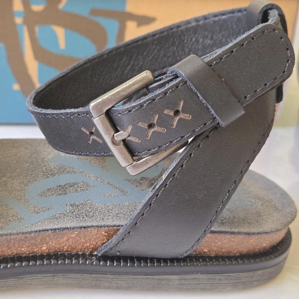 OTBT Voyage Sandals Womens Black Ankle Strap Leather Footbed